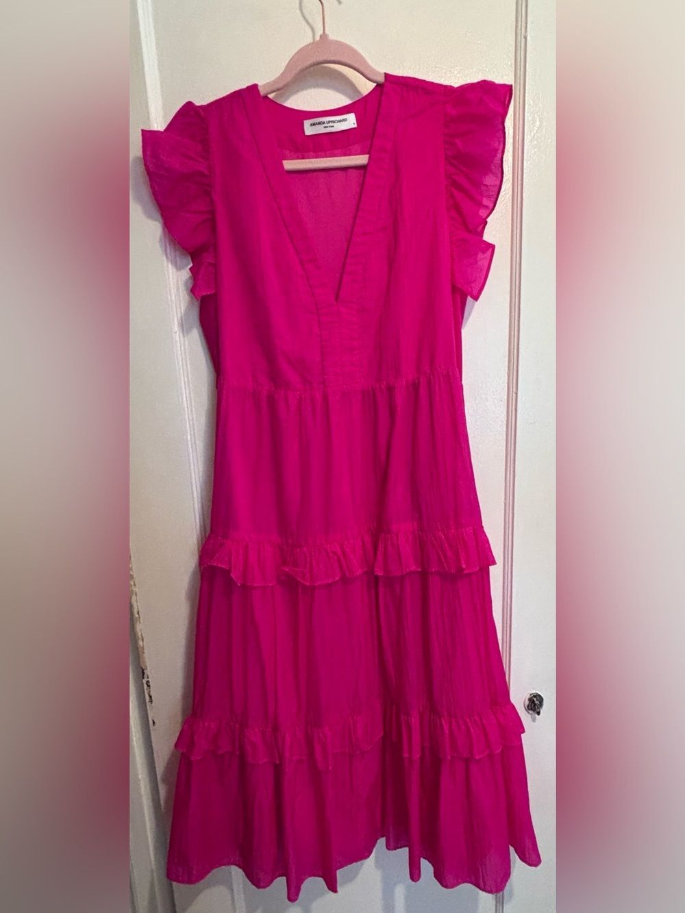 Amanda Uprichard Chamomile Dress Cerise Pink Ruffle Tiered Midi Dress Size M